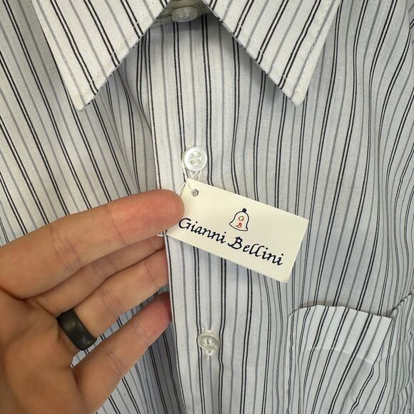 Gianni Bellini Shirt Mens Size 16 White Black Striped Polyester Blend Button Up - Picture 4 of 13